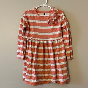 Girls' Coral and White Striped Long-Sleeve Dress